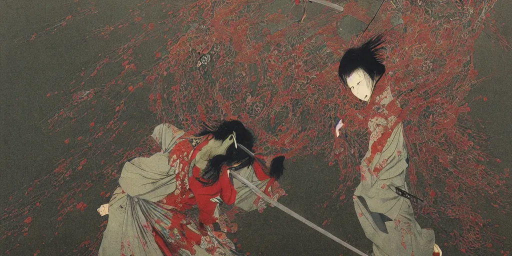 Image similar to Japanese schoolgirl runs away from Samurai with a katana on the subway, high detailed Beksinski painting, part by Adrian Ghenie and Gerhard Richter. art by Takato Yamamoto. masterpiece