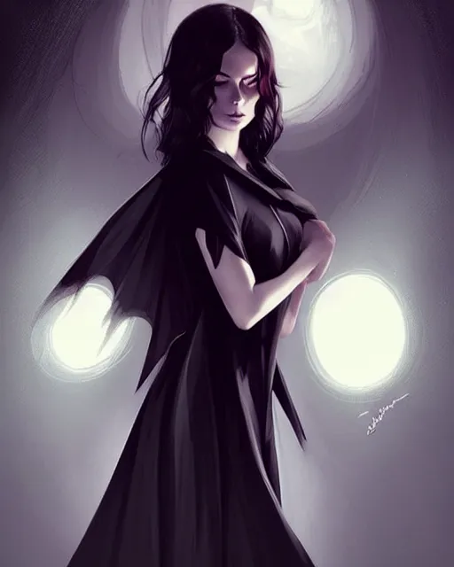 Prompt: style of charlie bowater : : gorgeous willa holland : : evil witch, swirling black magic, black dress : : symmetrical face, symmetrical eyes : : full body pose : : gorgeous black hair : : magic lighting, low spacial lighting : :