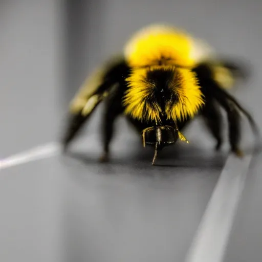 Image similar to a photo of a bumble bee in a court room surrounded by other incects awaiting a verdict, 5 0 mm lens, f 1. 4, sharp focus, ethereal, emotionally evoking, head in focus, volumetric lighting, blur dreamy outdoor,