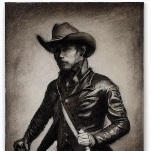 Image similar to portrait of a young action hero cowboy monster hunter, by alfred stevens in charcoal