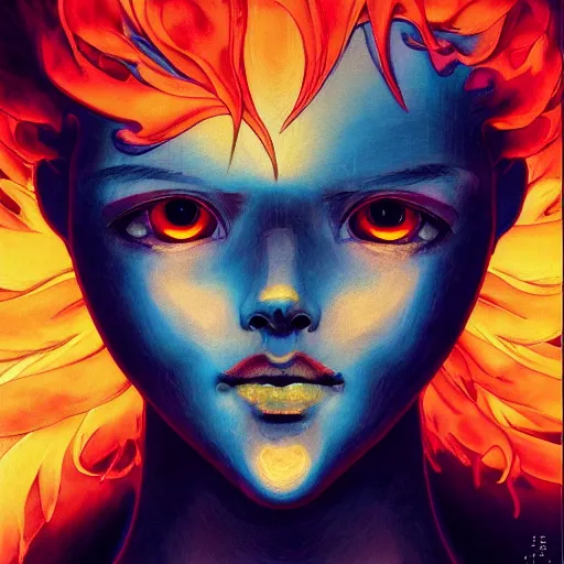 Image similar to prompt : flames portrait soft light painted by james jean and katsuhiro otomo and erik jones, inspired by evangeleon anime, smooth face feature, intricate oil painting, high detail illustration, sharp high detail, manga and anime 1 9 9 9