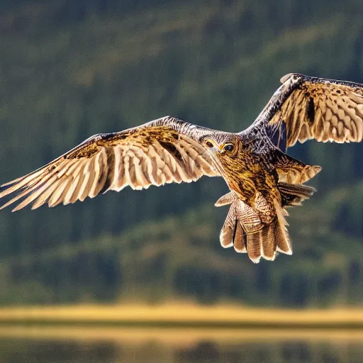 Prompt: A detailed and realistic illustration of a bird of prey in mid-flight, with a sharp focus on the bird's face and Talons, set against a blurred background of a mountain lake, wildlife photography, 500mm lens, 4k, by Nick Nichols and National Geographic