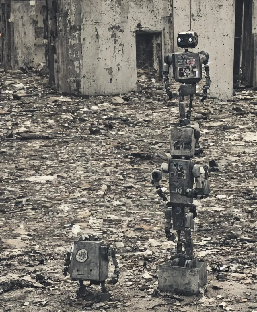 Image similar to a lonely robot holding a flower while sitting in a post-apocalyptic world surrounded by rundown buildings