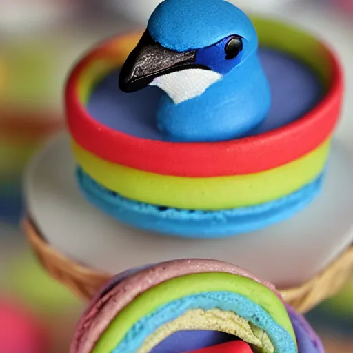 Image similar to A blue jay standing on a large basket of rainbow macarons.