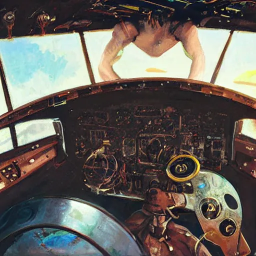 Prompt: inside a 1920's cockpit, artwork by Mike Azevedo, arstation