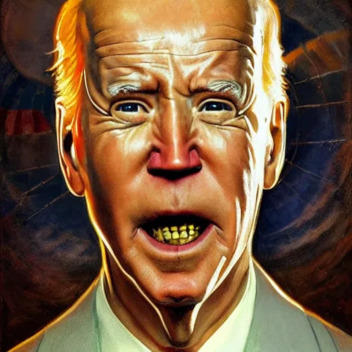 Prompt: terrifying, surreal portrait of joe biden with face sloughing off to reveal robot underneath l by j. c. leyendecker, bosch, william blake, stephen gammell, jon mcnaughton, and beksinski