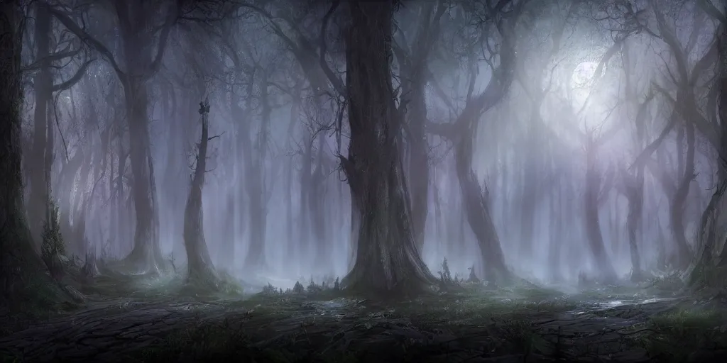 Image similar to beautiful matte painting of a fantasy dark forest at night