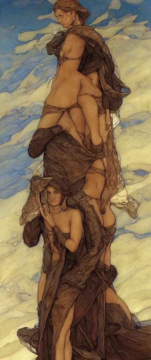 Prompt: beautiful female fremen on dune, by edgar maxence artgerm ross tran and michael whelan and gustav klimpt