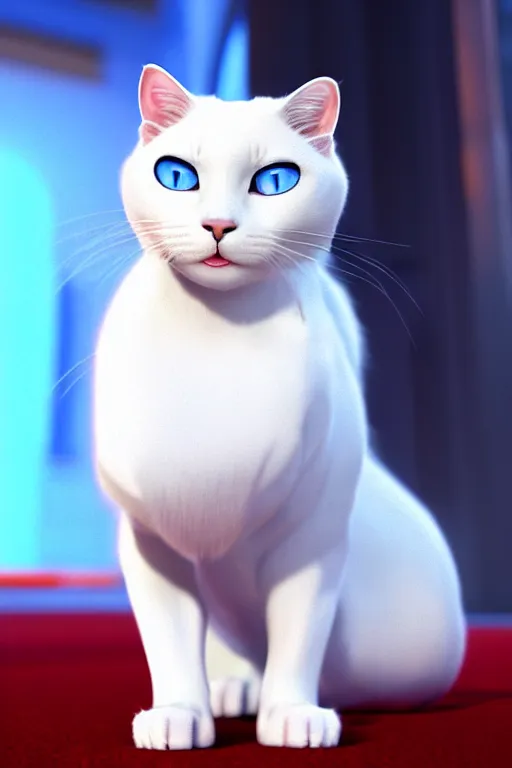 Image similar to a white cat with blue eyes wearing a red formal overcoat, hyperrealistic, concept art, octane render, unreal engine 5, realistic and defined face, profile picture, digital art, pixar and disney style, symmetrical, high quality, highly detailed, high coherence, path traced, house background, low contrast, beautiful, elegant clothes