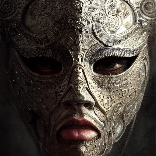 Image similar to Very very very very highly detailed epic photo of face with venetian mask, intricate, dystopian, sci-fi, extremely detailed, digital painting, artstation, concept art, smooth, sharp focus, illustration, intimidating lighting, incredible art by Greg Rutkowski