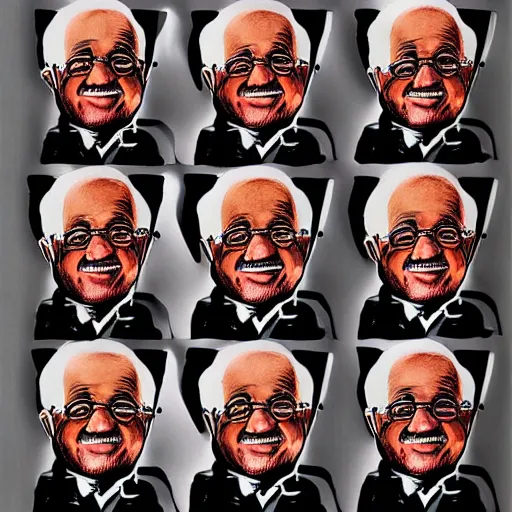 Image similar to variety pack of danny devito mugs , codex, rich colored ink, detailed, cinematic,