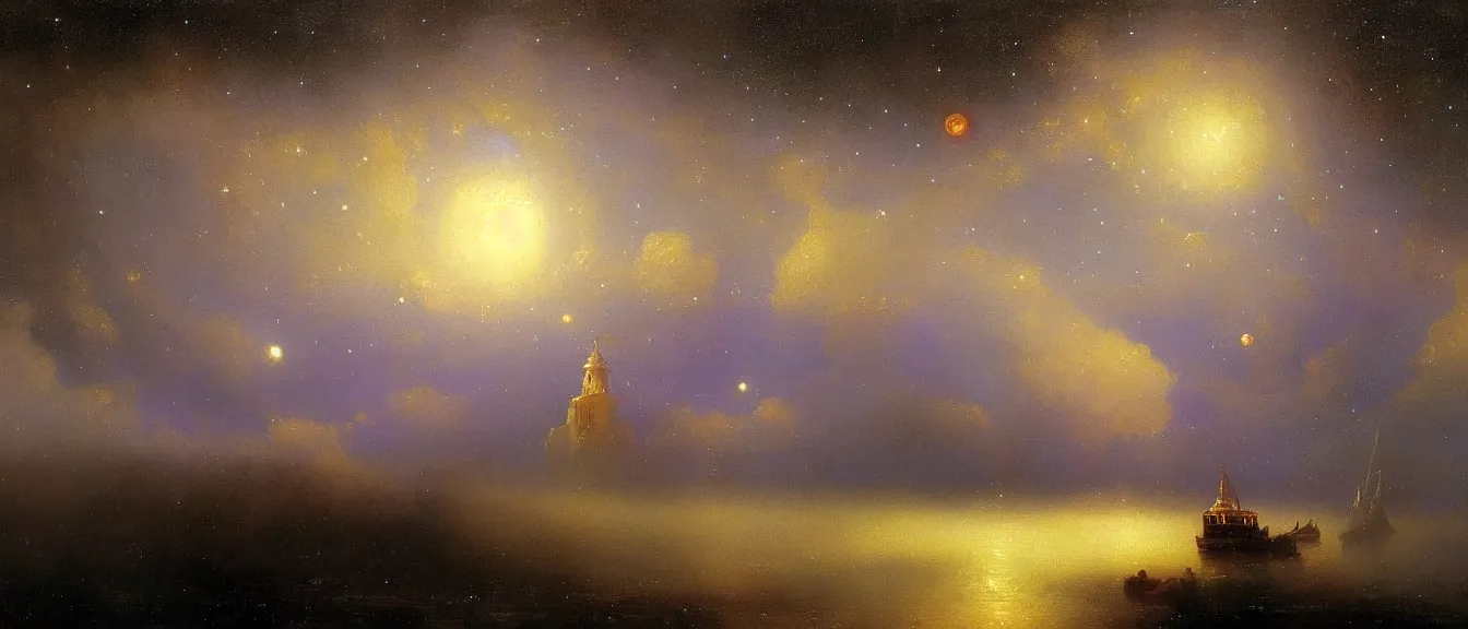 Prompt: A beautiful painting of TARDIS from Doctor Who flying in night in milky way with one moon and star light by Ivan Konstantinovich Aivazovsky