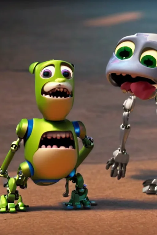 Image similar to Robot dog tries to bite its own tail. Pixar Disney render 3d animation movie Oscar winning