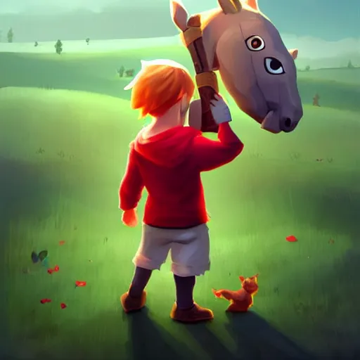 Image similar to cute little boy character inspired in little hood red and link from legend of zelda, digital artwork made by lois van barlee and rhads