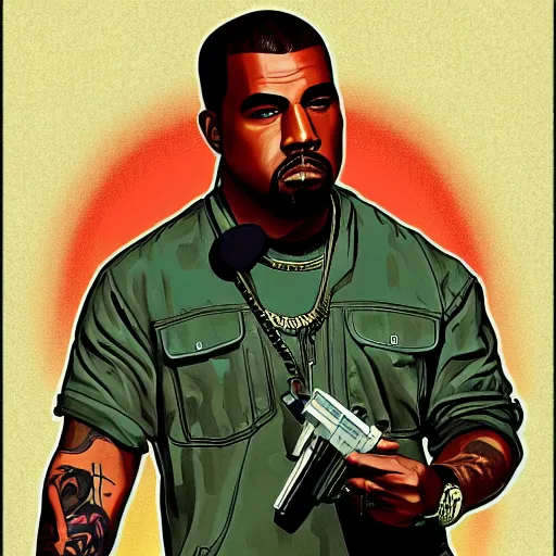 Image similar to illustration gta 5 artwork of kanye west, in the style of gta 5 loading screen, by stephen bliss