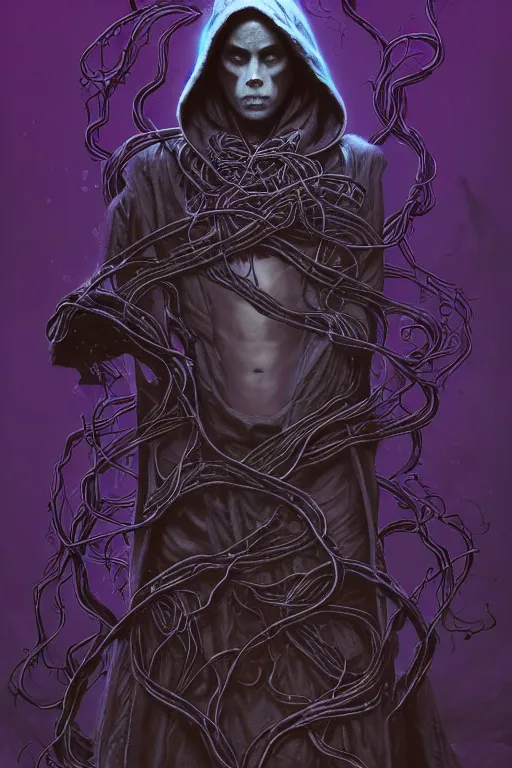 Image similar to A full body portrait of a mysterious shaman (male) with no face with a very long hooded dark purple cloak tentacles and vines coming out the ground art by Maciej Kuciara and Jason Chan, ominous, cosmic horror, trending on artstation, Ultra detailed, hyper realistic 4k