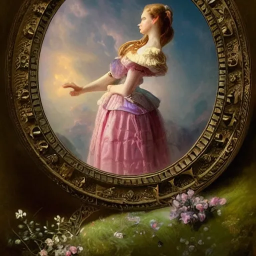 Prompt: Alice in Wonderland,Clock,Rose twining,out of time and space,dreamy, eternity, romantic,highly detailed,in the style of Franz Xaver Winterhalter, night lighting