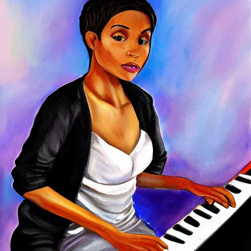 Image similar to beautiful painting of a light skinned woman with short hair playing a piano, digital art