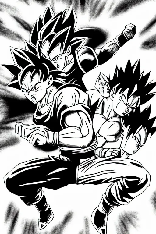 Image similar to realistic drawing of goku fighting vegeta in black and white on the planet namek