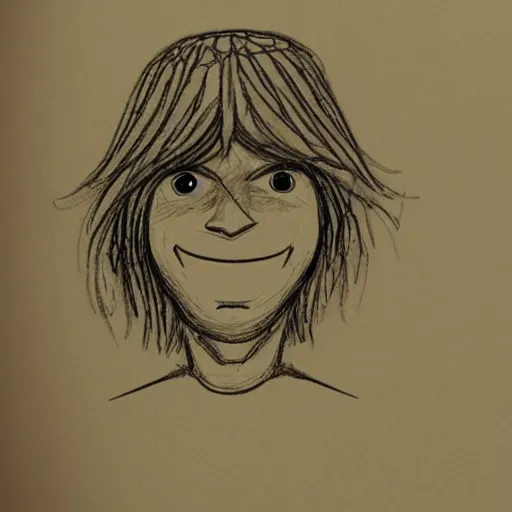 Image similar to sketch of a caucasian face, medium long hair, bad skin, skinny, oval head shape, smiling, climber, weed, mushroom