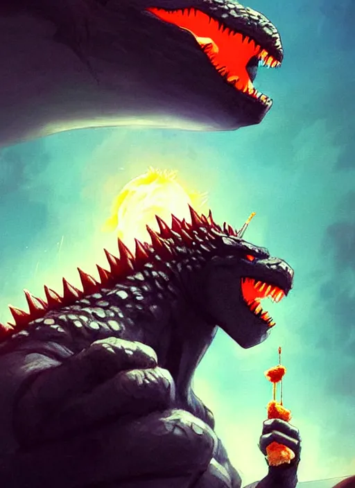 Image similar to beautiful portrait of Godzilla eating a corndog. character design by charlie bowater, ross tran, artgerm, and makoto shinkai, detailed, inked, western comic book art