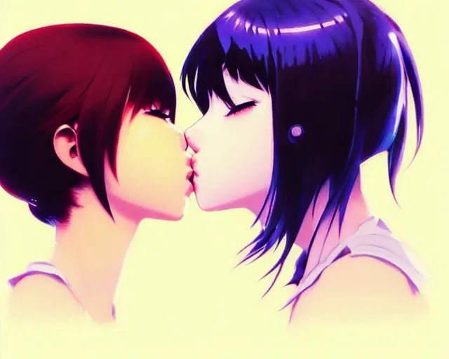 Image similar to two girls kissing | very very anime!!!, fine - face, audrey plaza, realistic shaded perfect face, fine details. anime. realistic shaded lighting poster by ilya kuvshinov katsuhiro otomo ghost - in - the - shell, magali villeneuve, artgerm, jeremy lipkin and michael garmash and rob rey