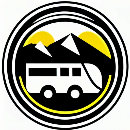 Image similar to logo, white and black cute thor chateau motorhome camper, highway, mountains and sunset!!, everything enclosed in a circle, happy, professional colorful logo illustration