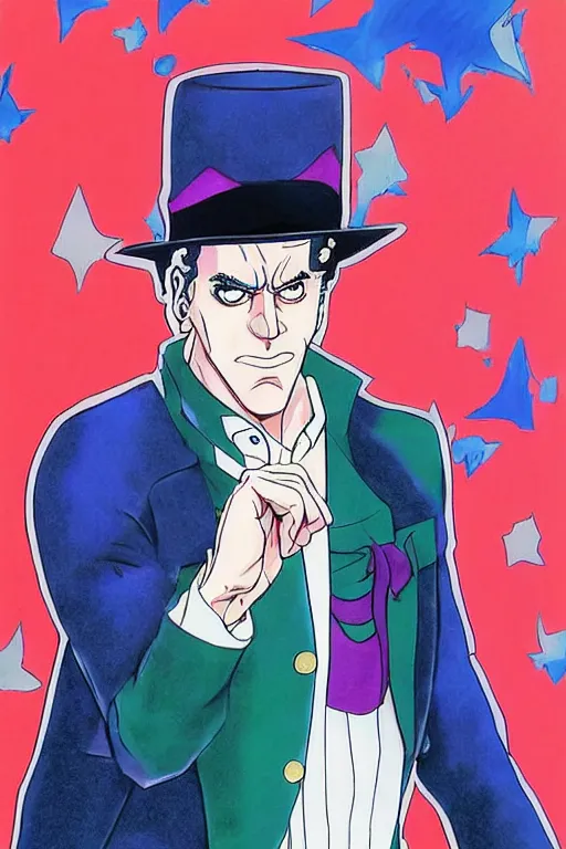 Image similar to Joe Biden as Jotaro Kujo JoJo from JoJo's Bizarre Adventure, anime drawing by Hirohiko Araki, vivid colors, colorful fashion