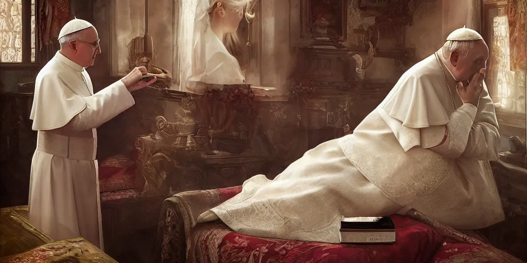 Image similar to photography of a pope making touching a sensual woman in a bedroom, deep focus, intricate, elegant, highly detailed, digital painting, artstation, concept art, matte, sharp focus, illustration, art by artgerm and greg rutkowski and alphonse mucha