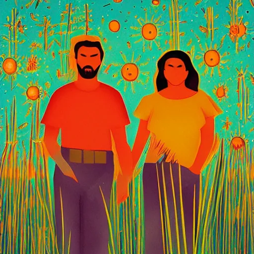 Prompt: accurate fluorescent, mexican muralism by nacho carbonell. a beautiful illustration of a man & a woman in a field of tall grass with the sun setting behind them