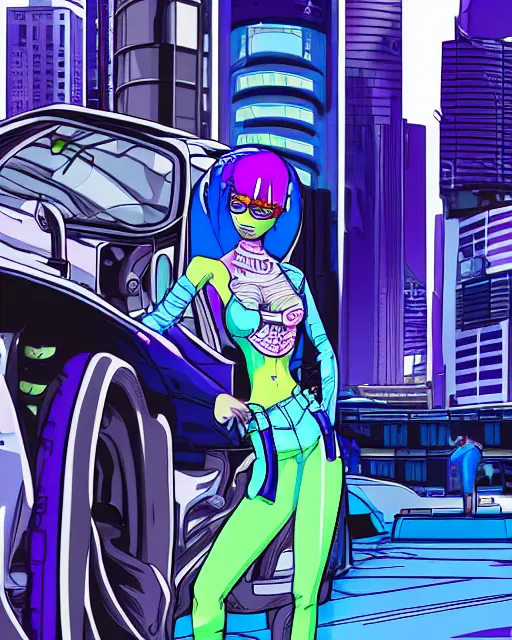 Image similar to cel shaded art of a pretty blue haired girl standing next to a purple lamborghinil, jet grind radio graphics, cyberpunk city street background