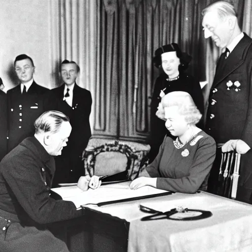 Prompt: ultra wide 1 9 4 6 historical photo 8 5 mm of a single german general signing a peace treaty, a young queen elizabeth holds a corgi and watches the general sign the treaty, french village interior, highly detailed, sharp focus
