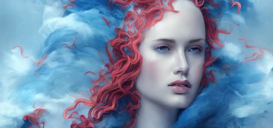 Image similar to a painting of a woman who made of curly and transparent feathers and cloud with red edges is holding a sword, a digital painting by charlie bowater, made of many translucent layers of blue feathers and cloud, metaphysical painting, speedpainting, digital painting, holographic undertones, highly saturated colors, 4 k, glossy eyes, concept art, trending on artstation