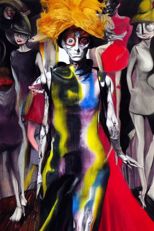 Image similar to crazy fashion catwalk, one model, crazy clothes, hauntingly surreal, highly detailed painting by francis bacon, edward hopper, adrian ghenie, gerhard richter, and james jean soft light 4 k,