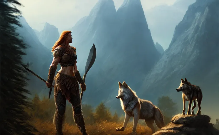 Prompt: a warrior resting axe on her shoulder standing next to a wolf, female, looking onto the horizon, fall, mountain landscape, portrait by magali villeneuve and ames jean and artgerm and greg rutkowski, 4 k, artstation, realistic, cinematic composition, d & d