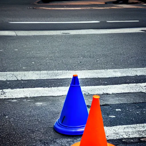 Prompt: a blue traffic cone, 3 5 mm lens, street photography