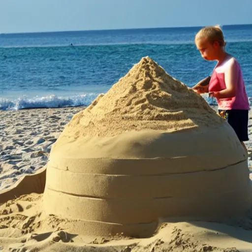 Image similar to a photo of cat making a sand castle on the beach