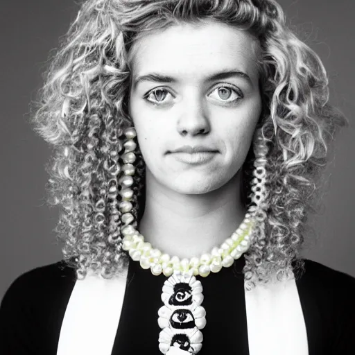 Image similar to symmetrical human portrait of lisa simpson with blonde curly hair, grainy high contrast black and white photography photo print ilford warm tone, she is wearing a delicate pearl necklace