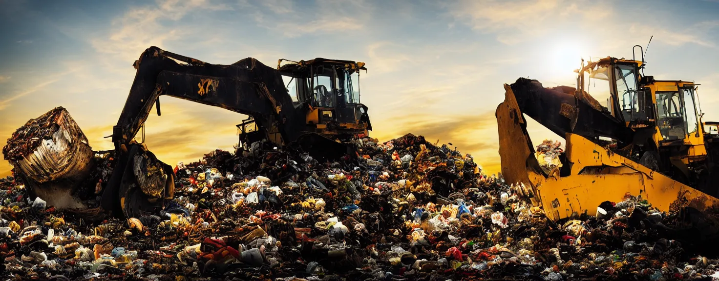 Prompt: Silhouette of single CAT caterpillar bulldozer moving garbage on junkyard heap, photorealistic image, golden hour, low angle shot, very detailed