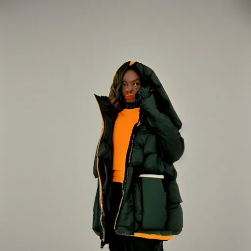 Image similar to realistic! photoshoot for a new vetements lookbook, color film photography, portrait of a beautiful woman, model wearing a puffer jacket, in style of tyler mitchell, 35mm