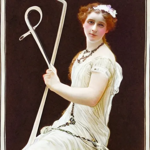 Image similar to A young edwardian woman wearing a white dress, holding a violin in her hands, in the style of mucha