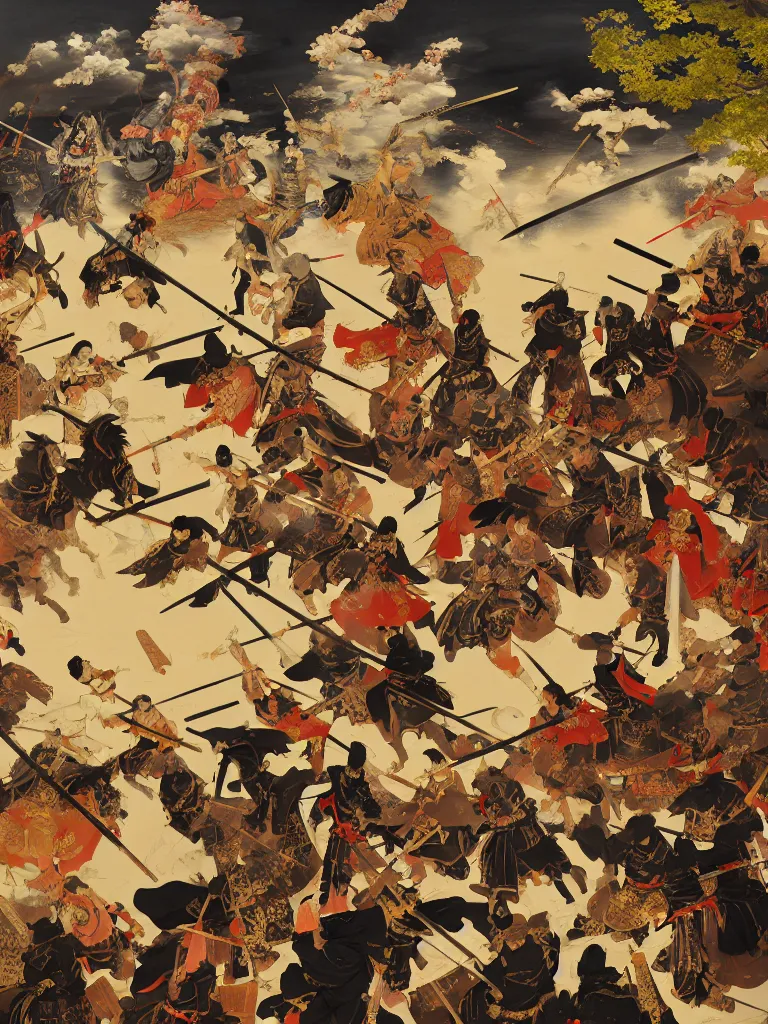 Prompt: baroque oil painting of key visual large scale samurai battle at feudal japanese palace, akira kurosawa, brutalist fantasy, rule of thirds golden ratio, fake detail, trending pixiv fanbox, acrylic palette knife, style of makoto shinkai ghibli takashi takeuchi yoshiyuki sadamoto jamie wyeth james gilleard greg rutkowski chiho aoshima