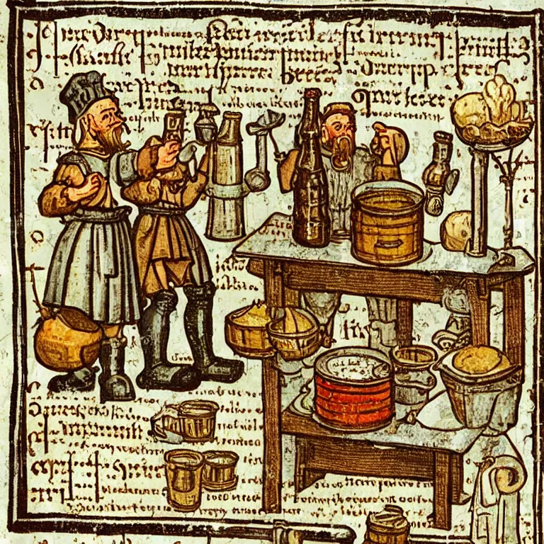 Image similar to middle age illustrated recipe for beer making ( ( ( ( a beer shoppe ) ) ) ) lot of medieval enluminures in the background explaining the recipe, schematic in a notebook