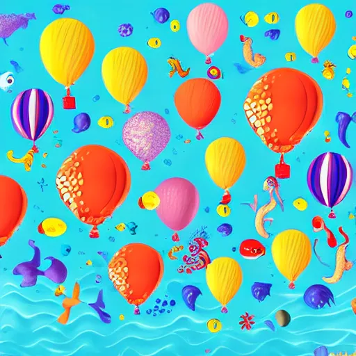 Image similar to balloon animals pop art but placed under the sea in the little mermaid magical kingdom. digital art