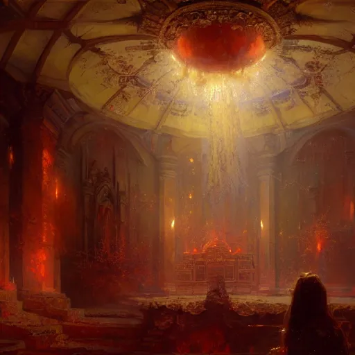 Image similar to a chapel's ceiling is broken in half as a red magical portal from hell opens up there. highly detailed painting by gaston bussiere, greg rutkowski, craig mullins 8 k