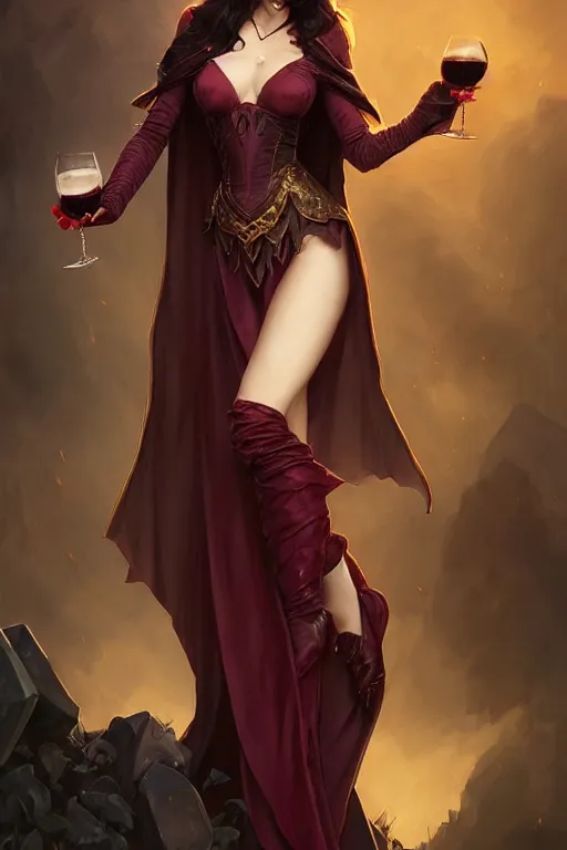 Prompt: Beautiful vampire female princess holding wine, Full body shot, D&D, fantasy, intricate, elegant, highly detailed, digital painting, artstation, concept art, matte, sharp focus, illustration, hearthstone, art by Artgerm and Greg Rutkowski and Alphonse Mucha