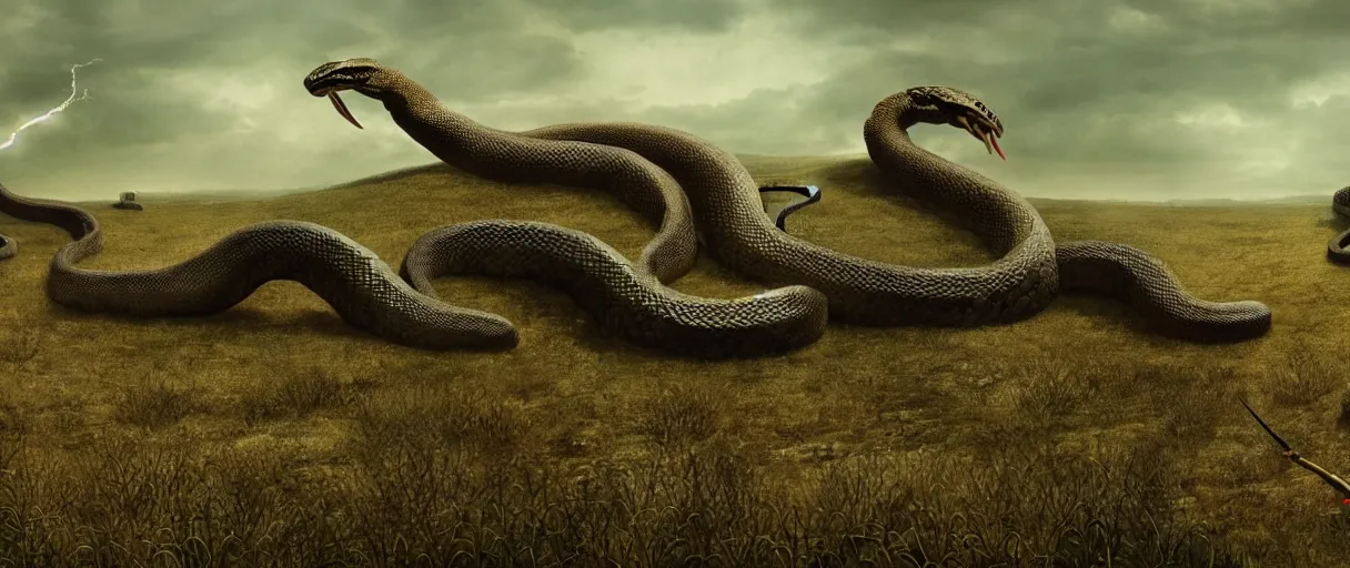 Image similar to a giant snake near a village, high detail, 8k, ornate, dark fantasy, maximalist, realistic, masterpiece, complex, WLOP, film still from the movie directed by Denis Villeneuve with art direction by Salvador Dalí