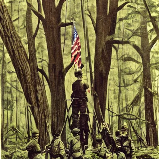 Image similar to wide shot, a squad of executed American Soldiers hanged mid-air on trees, deep in the thick forest, painting, colored, eerie, Lovecraftian, eldritch horror, 1967