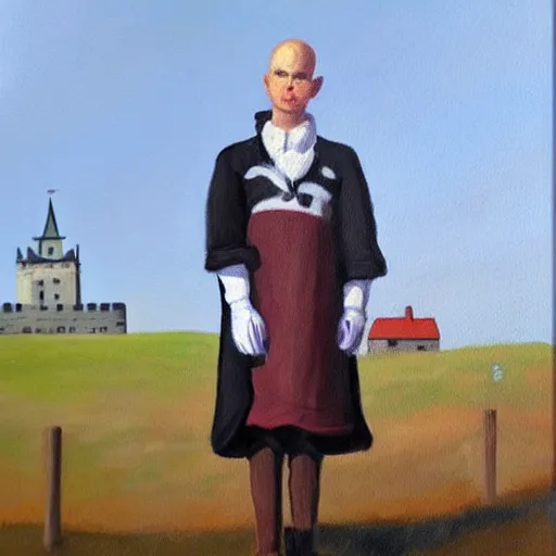 Image similar to painting by larsson, cow, dressed, anthropomorphic!!, wearing!!! clothes!!!, standing next to royal castle!!!