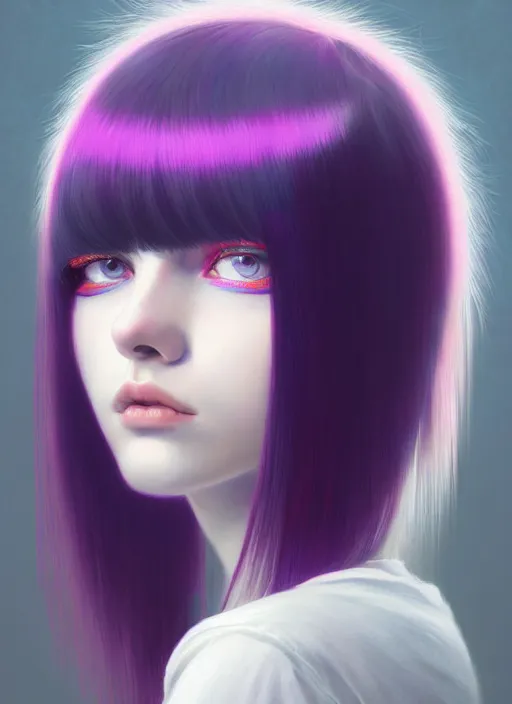 Image similar to hair whitebangs hair, black hair, whitebangs, portrait of teenage girl with white bangs, red irises, purple clothes, white bangs, bangs are different color from hair, intricate, elegant, glowing lights, highly detailed, digital painting, artstation, concept art, smooth, sharp focus, illustration, art by wlop, mars ravelo and greg rutkowski